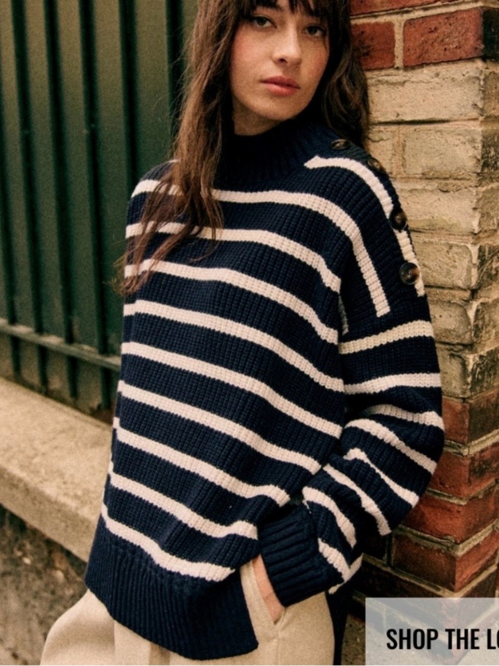 Sezane Adrian Sweater Jumper M Navy/Ecru NWT Shoulder Buttons Org Cotton/Wool